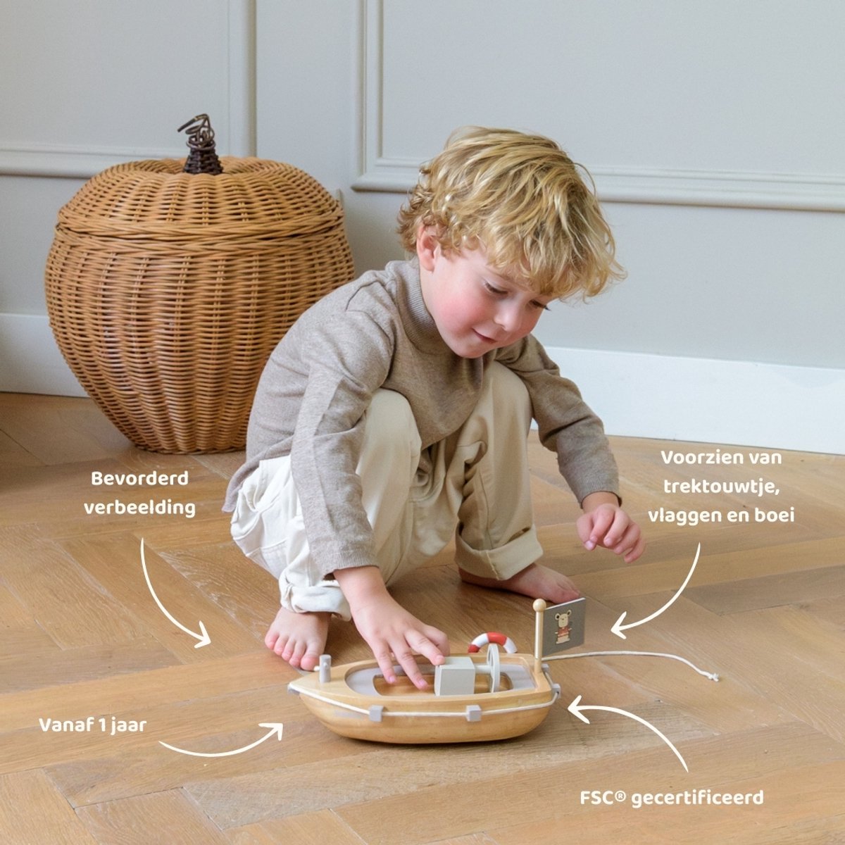 Babiem® Xavier - Trekdier Boot - Speelgoed Met Trekkoord - Houten Speelgoed - Speelgoed 1 Jaar - Verwisselbare Vlaggen - met Wieltjes - FSC - Hout — afbeelding 2