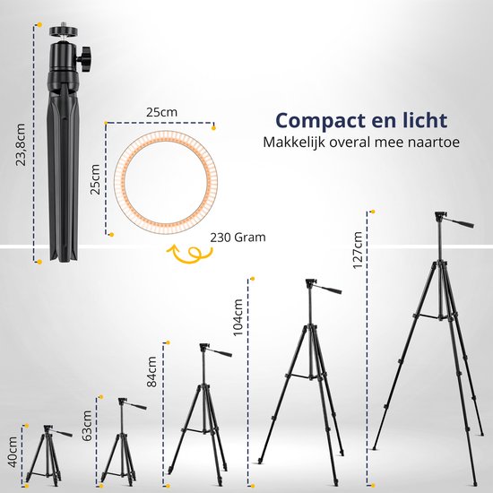 Afmetingen van de ringlamp en statief: de ringlamp is 25cm, de opgevouwen statief 23,8cm en de statief 127cm hoog. Gewicht 230 gram.