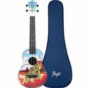 Ukulele met woestijnlandschap en koffer.