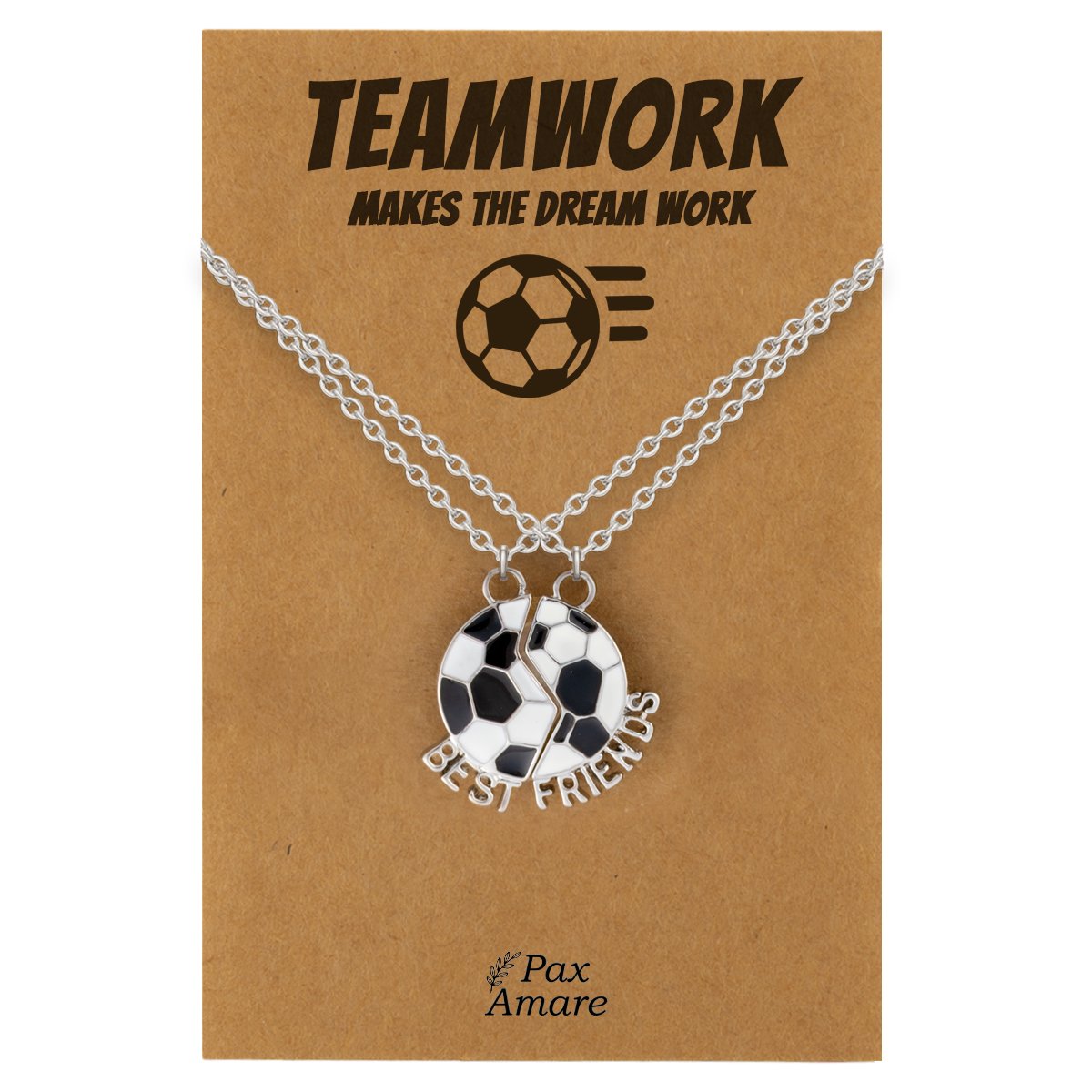 Vriendschapsketting voor 2 'Teamwork makes the dream work' - Magnetische Voetbal - BFF Ketting op Cadeau Kaartje - 45cm + 5cm verstelbaar - Zilverkleurig - Best Friends Hanger - Pax Amare
