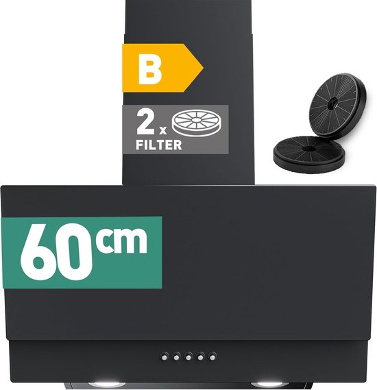 Heinrich's HDU7622 - Afzuigkap - 60cm - zwart - 300m3 - Schuine afzuigkap - met koolstoffilters