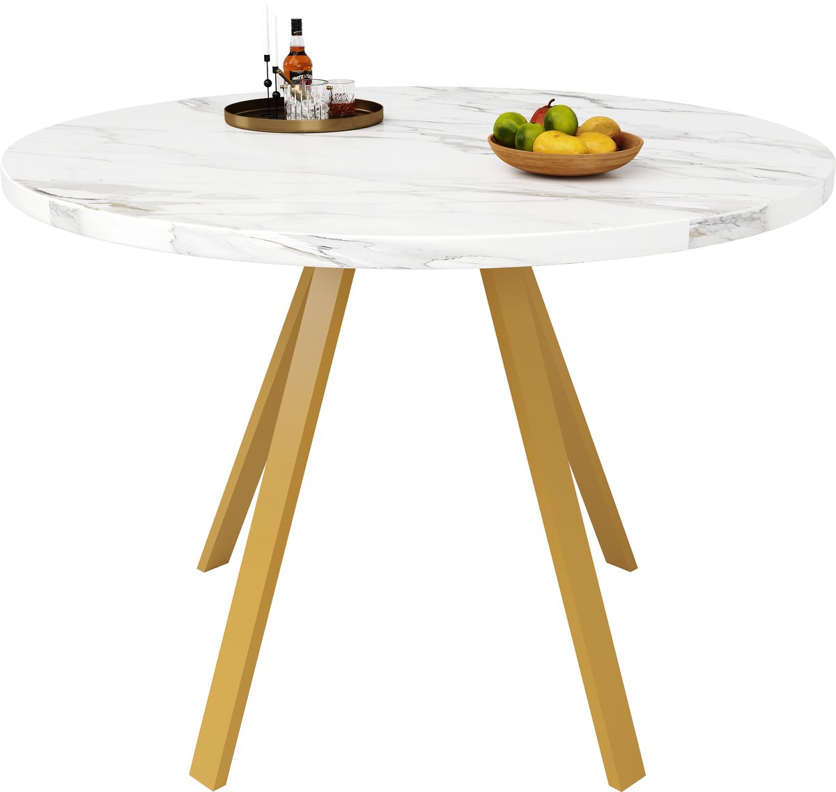 MODFU Ronde Eettafel - 80x80x75 cm - Wit Marmerlook - Goudkleurig Metalen Frame - Modern Design - Eettafel voor Eetkamer & Keuken Goud+Wit