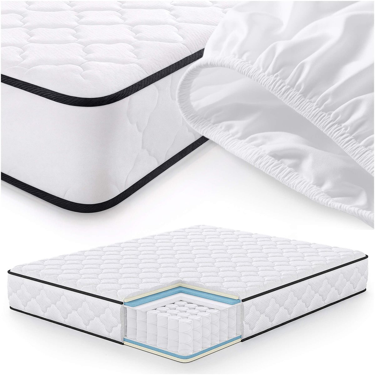 Akord Springs Matras met Beschermer 160x200 cm / Spring Pocketveringmatras / Binnenveringsmatras / Pocketvering met 7 Comfortzones / Afneembare waterdichte tijk / H3 Hardheid Wit
