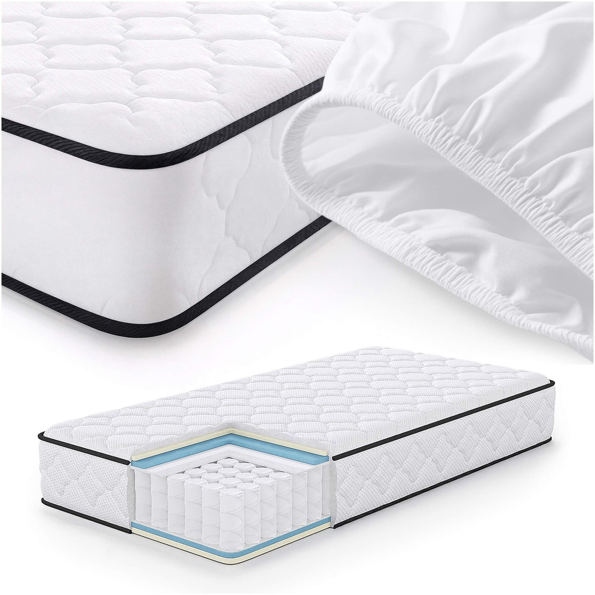 Akord Springs Matras met Beschermer 100x200 cm / Spring Pocketveringmatras / Binnenveringsmatras / Pocketvering met 7 Comfortzones / Afneembare waterdichte tijk / H3 Hardheid Wit