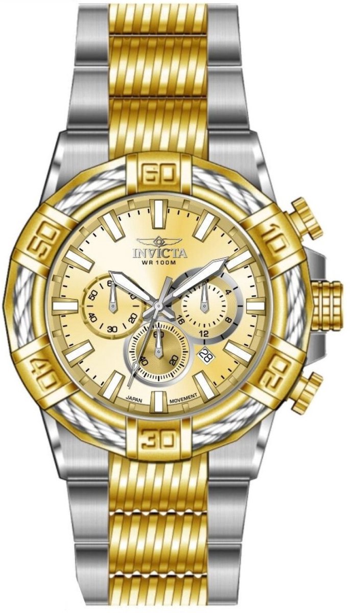 Invicta Bolt 49902 Heren Horloge - Waterdicht - Analoog - Quartz Uurwerk - Roestvrij Staal met gouden Wijzerplaat - 51mm