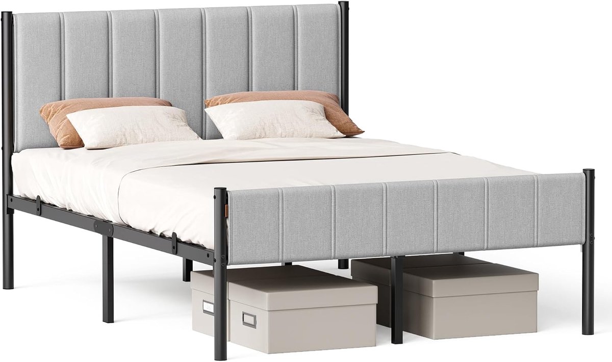VASAGLE tweepersoonsbedframe 140 x 200 cm met gestoffeerd hoofdeinde bedframe stalen latten ondersteunt tot 500 kg eenvoudige montage RMB974G01