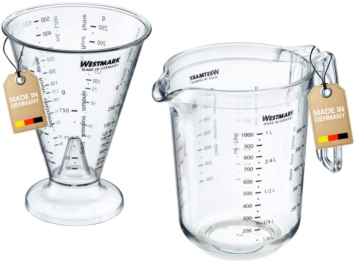 Set, 2 delen: 1 maatkan + 1 maatbeker met fijne meetkegel, meertalig en met verschillende maateenheden, volume: 0.5 + 1 liter, Gerda, plastic, transparant,