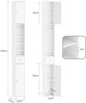 Maattekeningen van een hoge, smalle witte badkamerkast, met afmetingen in centimeters en een detail van de schapdiepte.