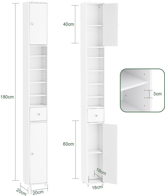 SoBuy Badkamerkast Kolommeubel Badkameropbergmeubel Hoge kast met 2 planken 2 schuifdeuren en 1 lade Wit 56x30x165cm