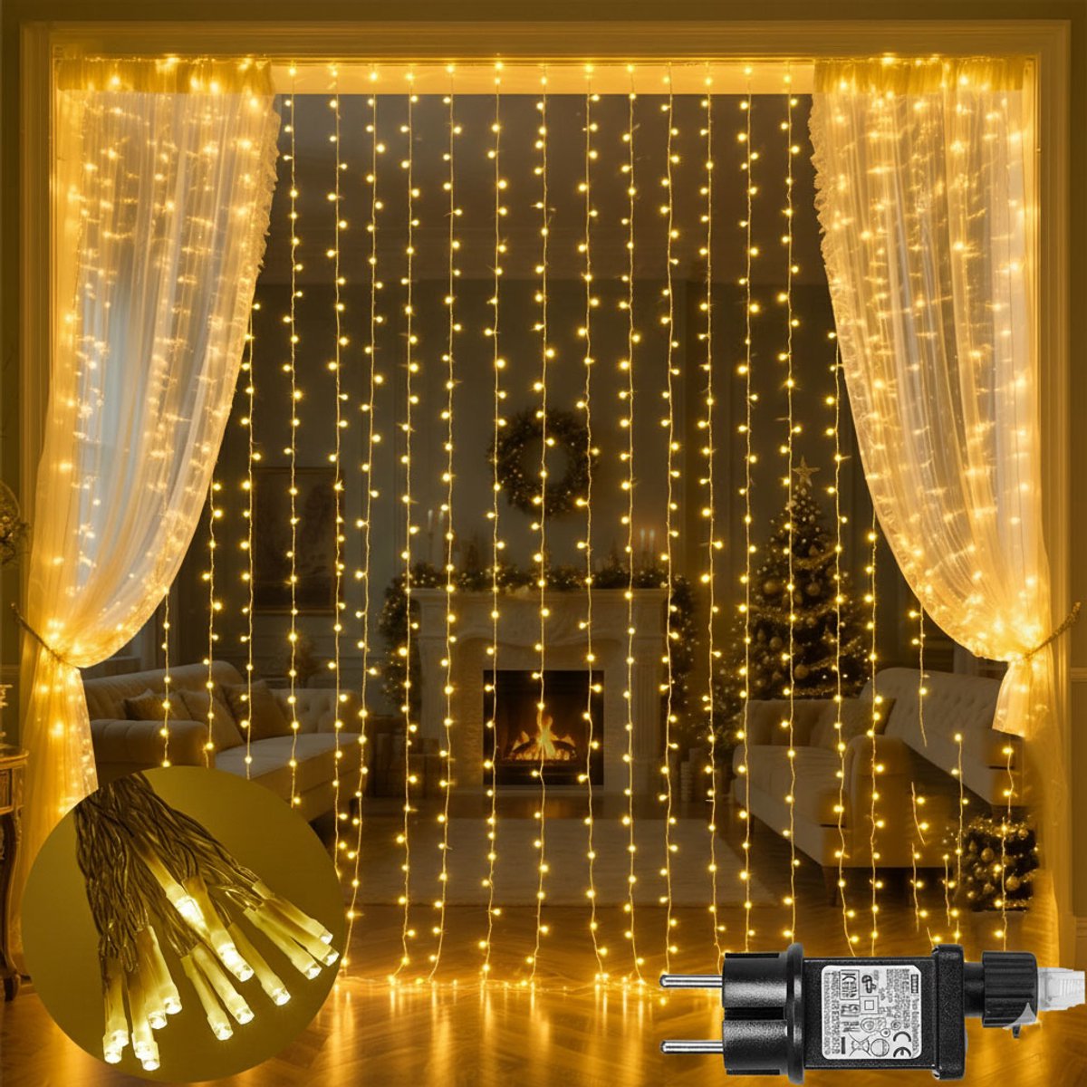 MUPOO LED Lichtgordijn Sfeerverlichting Warm wit 3x3M 300 LEDS- IP44 -8 Modi -Timer- KerstLichtslinger-Kerstverlichting - IJspegel - voor Raam terras decoratie