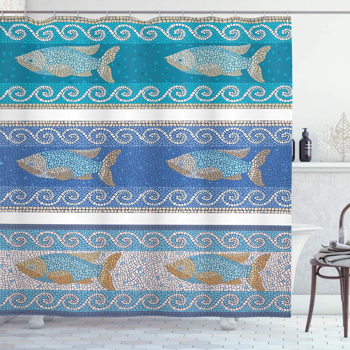 ABAKUHAUS Mozaïek douchegordijn – Marine-Art – Badkamerdecor 175x220 cm – Blauwgrijs