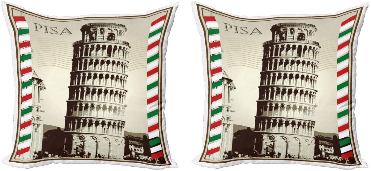 ABAKUHAUS Pisa Kussenhoezen – Set van 2 – Vintage Torenontwerp – Dubbelzijdig bedrukt – 40x40 cm – Multicolor Beige
