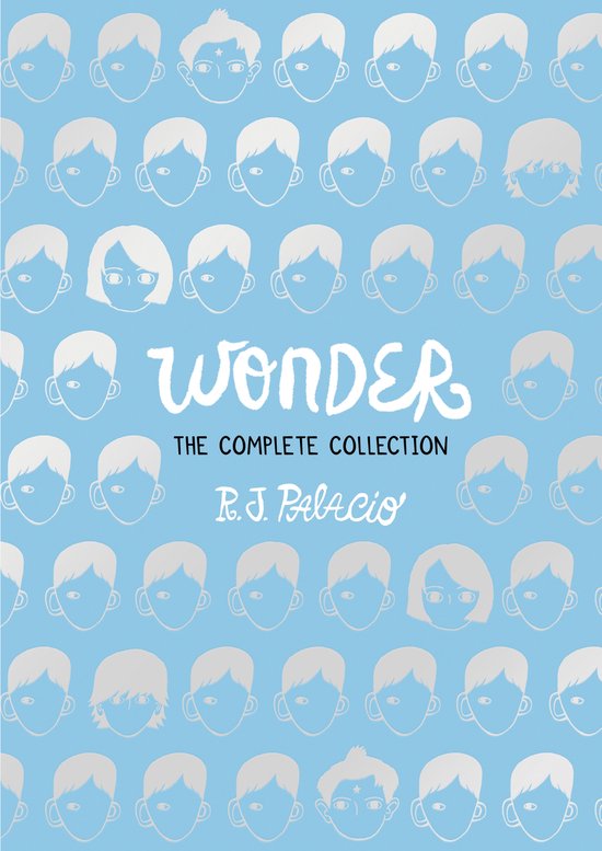 Boekomslag 'Wonder The Complete Collection' met blauwe achtergrond en patronen van hoofden met wit haar.