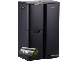 Rilenta Prullenbak Afvalscheiding 60 Liter met 3 Vakken & 40 Vuilniszakken - Pedaalemmer RVS Keuken - Vuilnisbak - Afvalbak - Vuilbak - Compostbak - Afvalemmer Kantoor & Flessen - Prullenbakken - Afvalscheidingprullenbakken - Cadeau - Mat Zwart