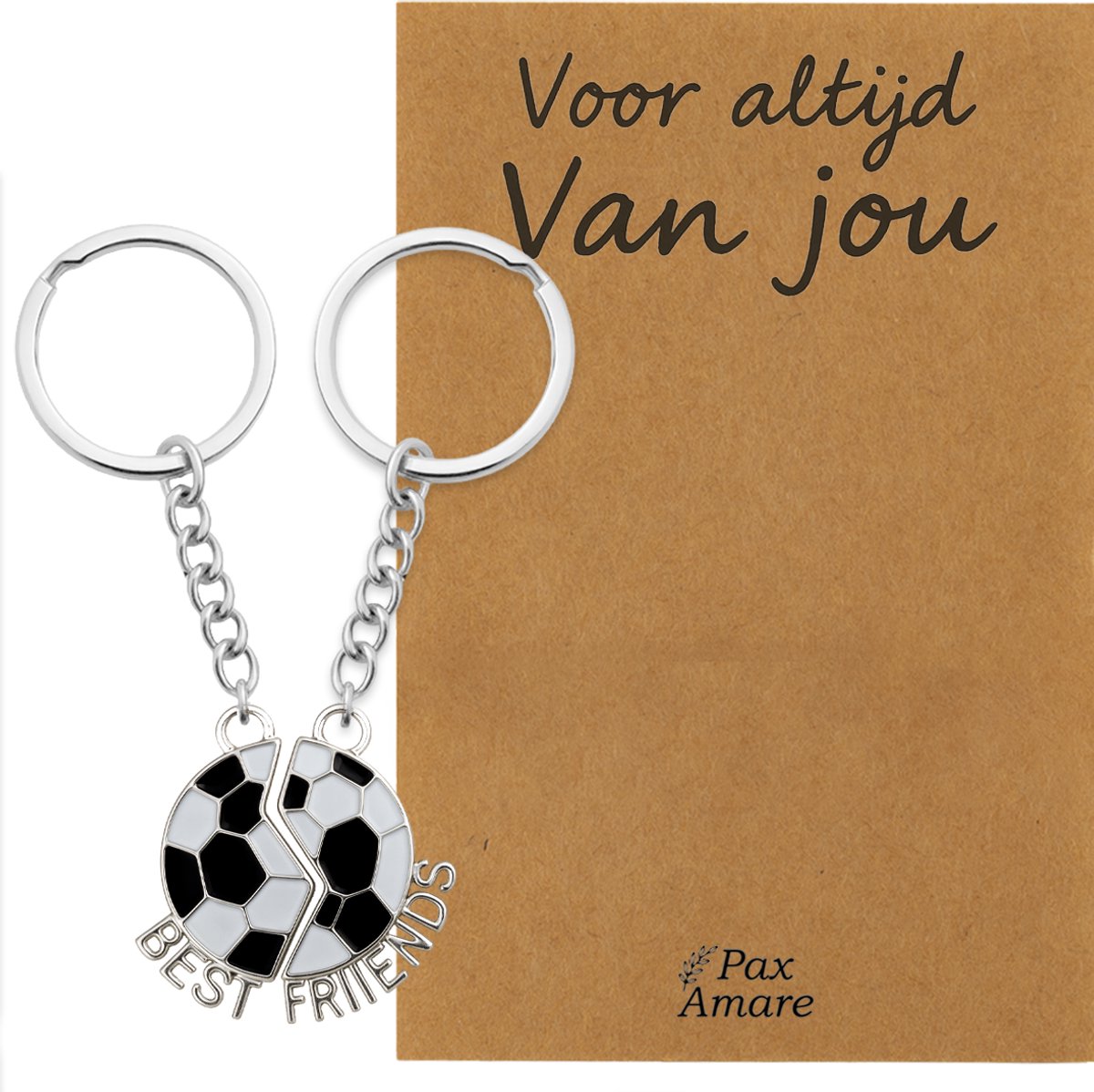 Koppel Sleutelhanger voor 2 'Voor altijd van jou' - Magnetische Voetbal - Sleutelhanger set op Cadeau Kaartje - Zilverkleurig - Persoonlijke Hanger - Pax Amare