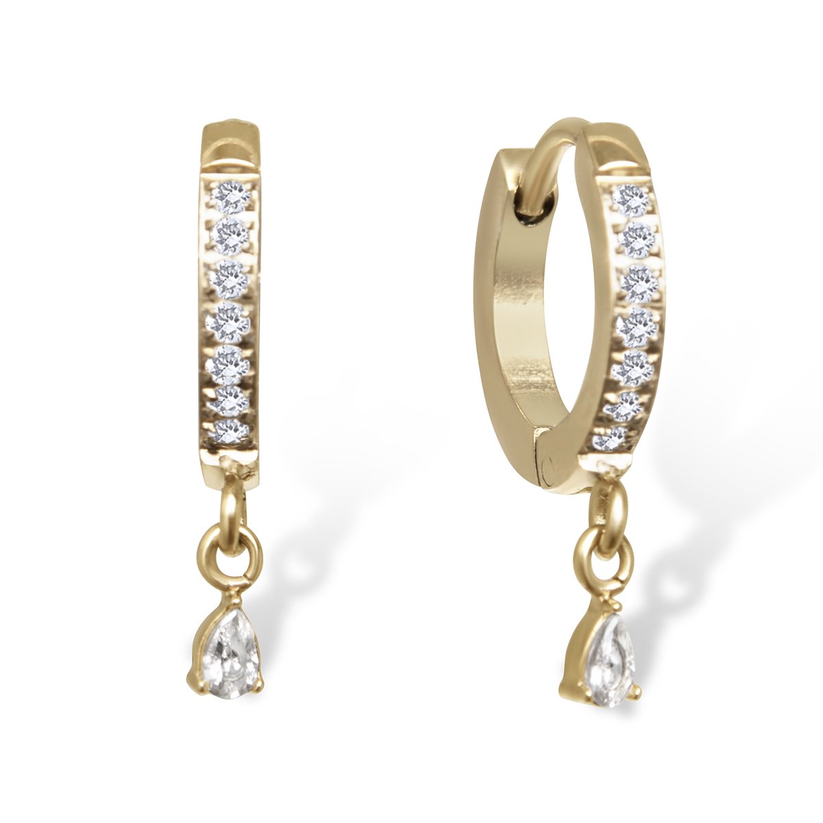 Amberz Gouden Huggie Oorbellen Dames – Oorringen met Zirkonia & Druppel Hanger – Verguld 316L Staal – Waterproof & Hypoallergeen - Elle