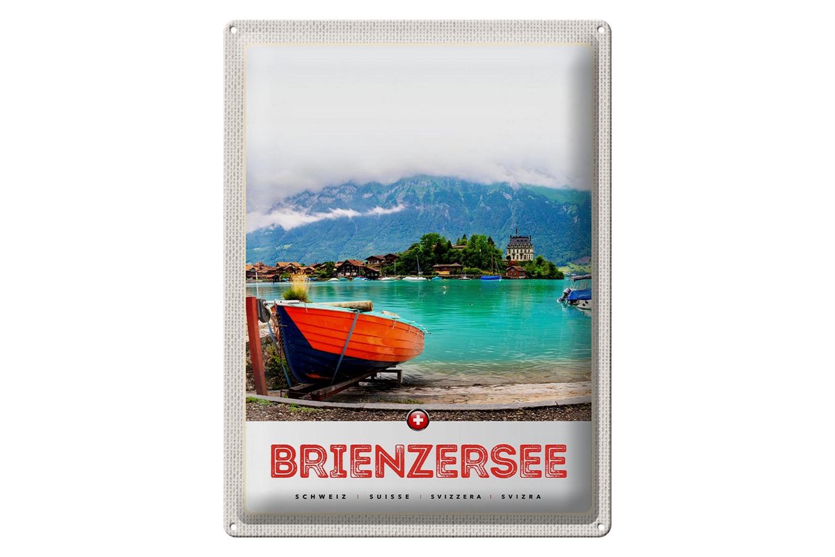 Blechschild Reise 30x40cm Brienzersee Schweiz Boot Gebäude