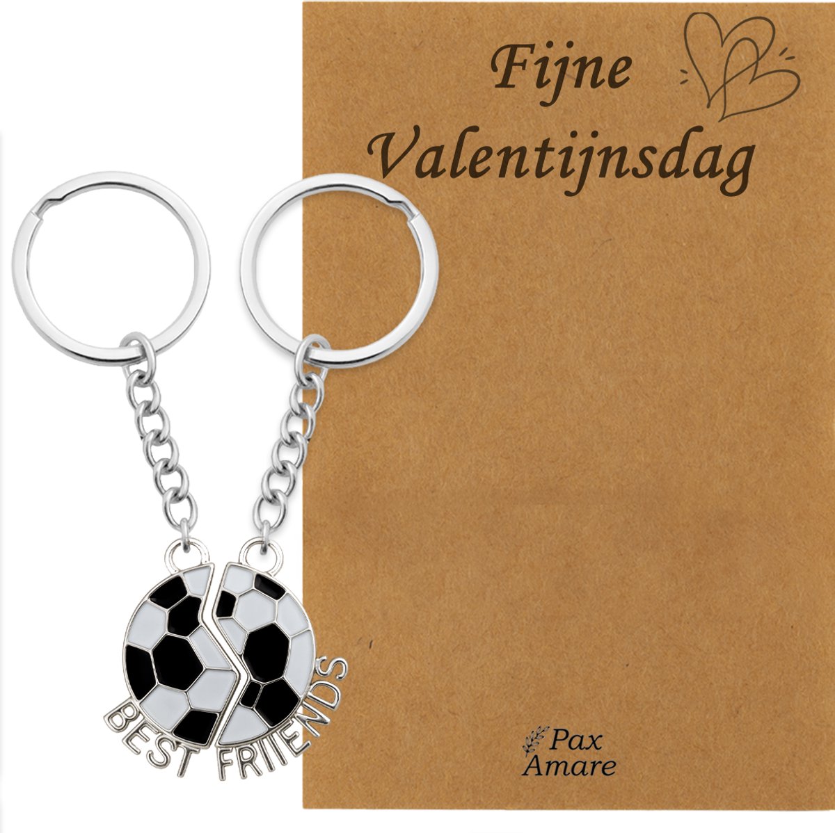 Koppel Sleutelhanger voor 2 'Fijne Valentijnsdag' - Magnetische Voetbal - Sleutelhanger set op Cadeau Kaartje - Zilverkleurig - Vriendschap of Relatie Symbool - Pax Amare