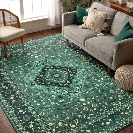 Vloerkleden voor woonkamer, slaapkamer, vintage tapijt, wasbaar, laagpolig tapijt, antislip onderkant, wollig, zacht, oosters tapijt, maat: 150 x 210 cm, kleur: vintage groen