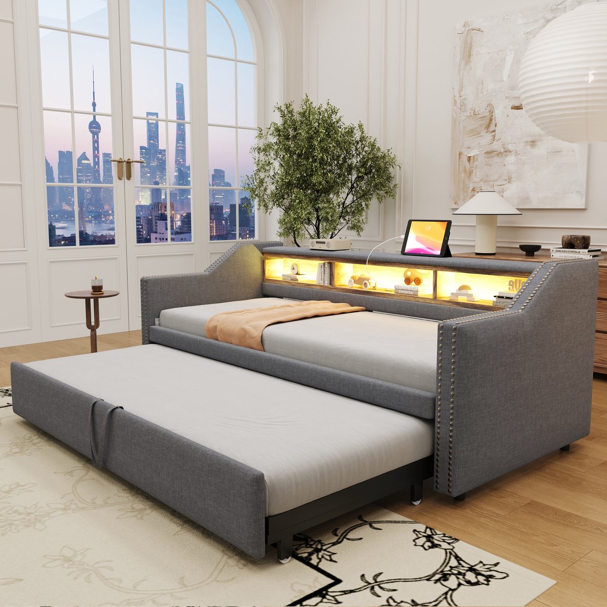 Wishdor Gestoffeerde Slaapsofa 90/180x190 cm – Uitschuifbed – USB & LED – Donkergrijs Linnen – Slim & Sfeervol