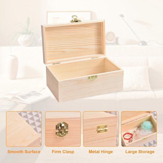 HpLive Houten doos met deksel set van 3, vierkant, voor het opbergen met metalen sluiting, houten kist, schatkist, sieradenkistje, sieradenkistje, cadeaudoos HpLive Houten doos met deksel set van 3, vierkant, voor het opbergen met metalen sluiting, houten kist, schatkist, sieradenkistje, sieradenkistje, cadeaudoos