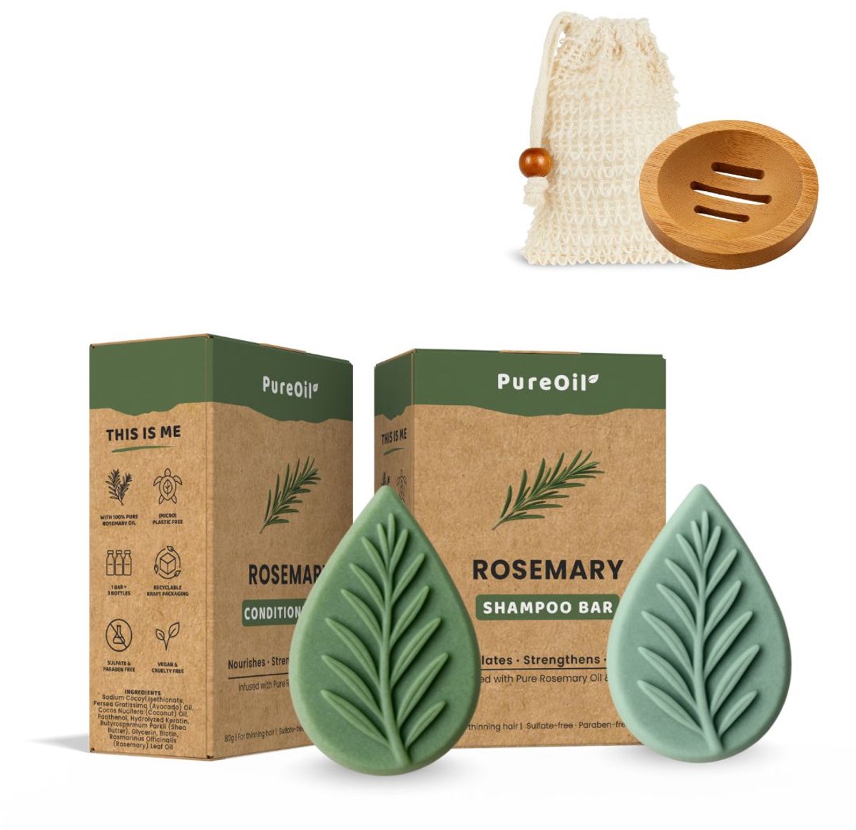 PureOil - Rozemarijn + Conditioner Bar - 2 x 80g - Incl. Zeepzakje & Zeepbakje - Met 100% Puur Rosemary Oil - Vegan, Sulfaren, Parabenen & Alcohol Vrij