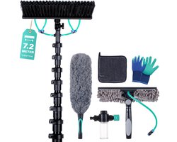 VENTRA Telescopische Wasborstel 7,2M – Extra Grote Borstel (34 cm) - 4 Wateruitlaten – Raamtrekker & Plumeau – RVS Telescoopsteel
