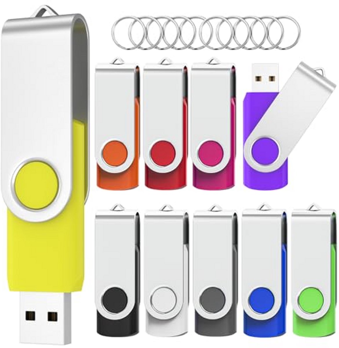 USB Stick 128MB 10-pack in 10 Kleuren - Draaibare Flash Drive Met Sleutelhanger