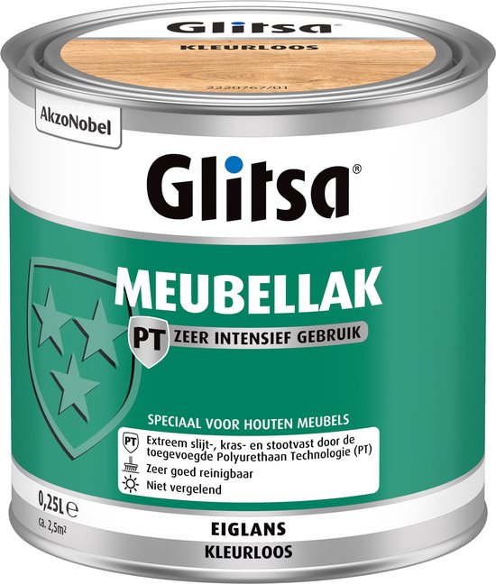 Blik Glitsa Meubellak Kleurloos, 0,25L, met groene opdruk en schild-logo.