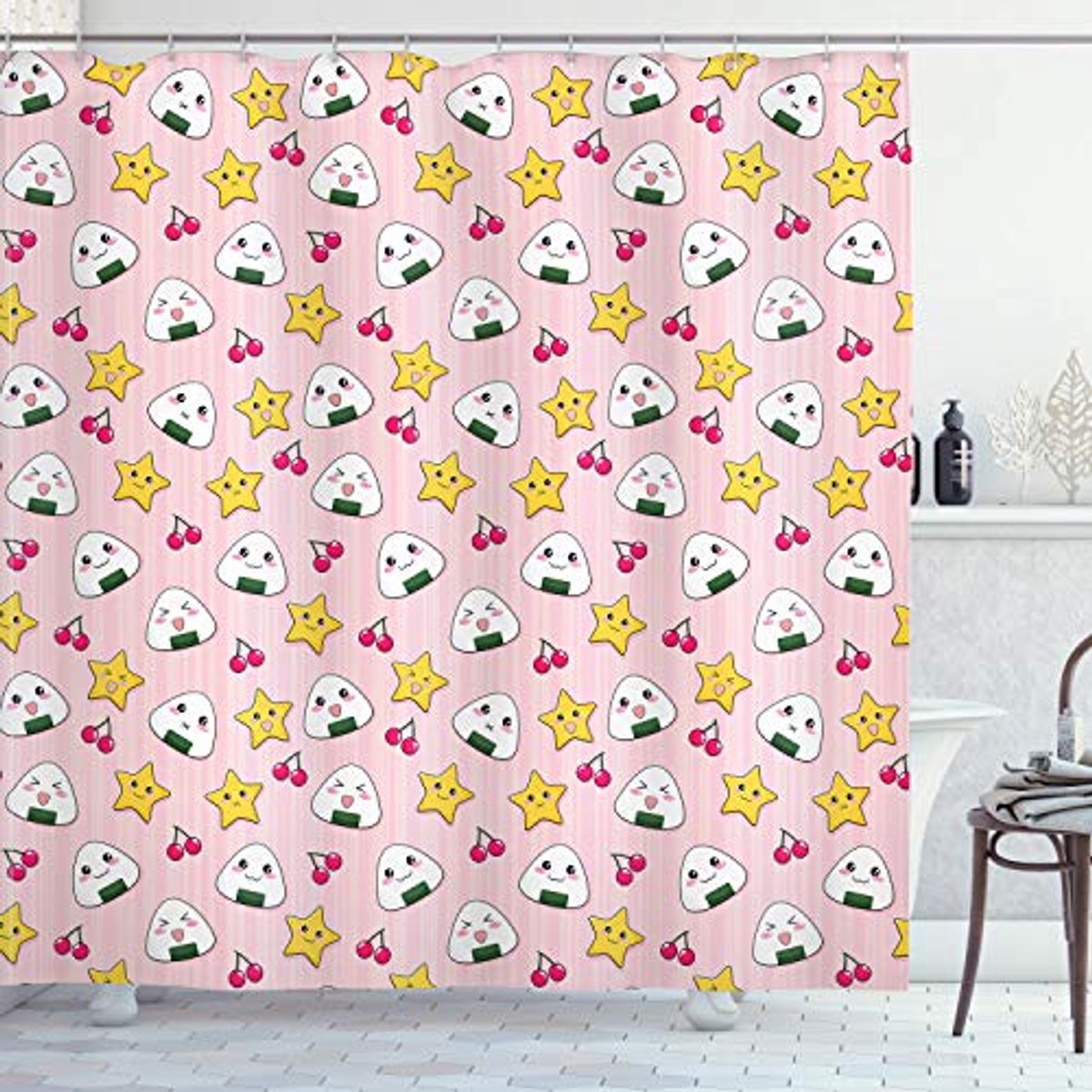 ABAKUHAUS – Anime-douchegordijn 175x220 cm – Polyester stof – Roze & Geel