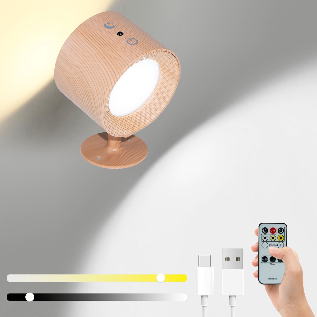 Nachtlampje - Magnetische LED Wandlamp - 3 Kleurtemperaturen - Houtlook Uitvoering - Boven- en onder ontwerp met dubbele lichtbron -Wandlampen - Draadloze LED-strip - Met afstandsbediening - Oplaadbaar - 2000mAh - 1st