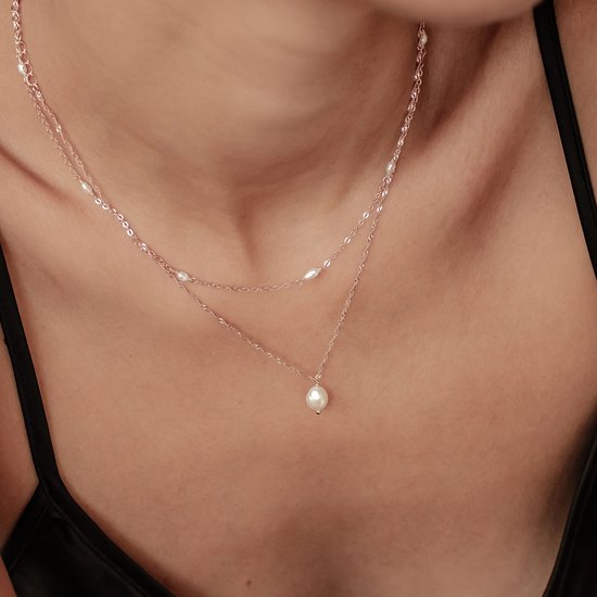 Hey Happiness Perle Brillance – Ensemble Chaîne Dames avec Perles d'Eau Douce – Argent 925 Plaqué Or Rose 18K – 41+5 cm