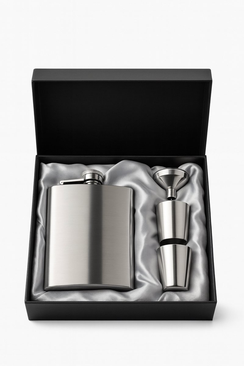 AliRose RVS Heupfles Cadeauset – Luxe Giftbox – Inclusief Trechter & 2 Shot Cups – 240ml – Whisky / Rum / Likeur – Cadeau voor Mannen & Vrouwen