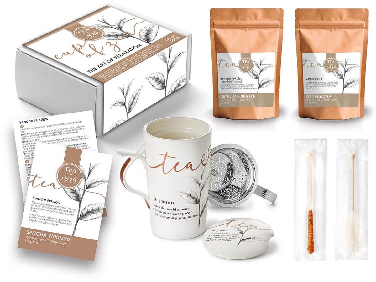 Thee Giftset “The Art of Relaxation” – luxe theepakket met Sencha Fukujyu, Genmaicha, porseleinen mok met deksel & RVS theefilter – inclusief kandijsuiker – ideaal cadeau