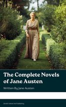 Een vrouw in een beige jurk met bruin patroon wandelt door een tuin, met op de voorgrond de titel 'The Complete Novels of Jane Austen'.
