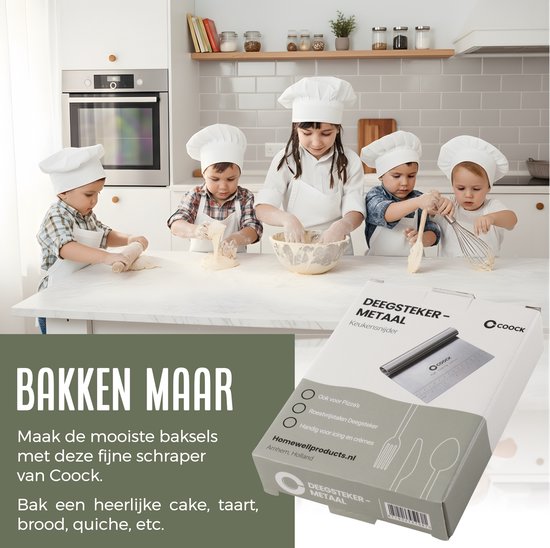 Roestvrijstalen deegschraper in de doos, met op de achtergrond kinderen die bakken.