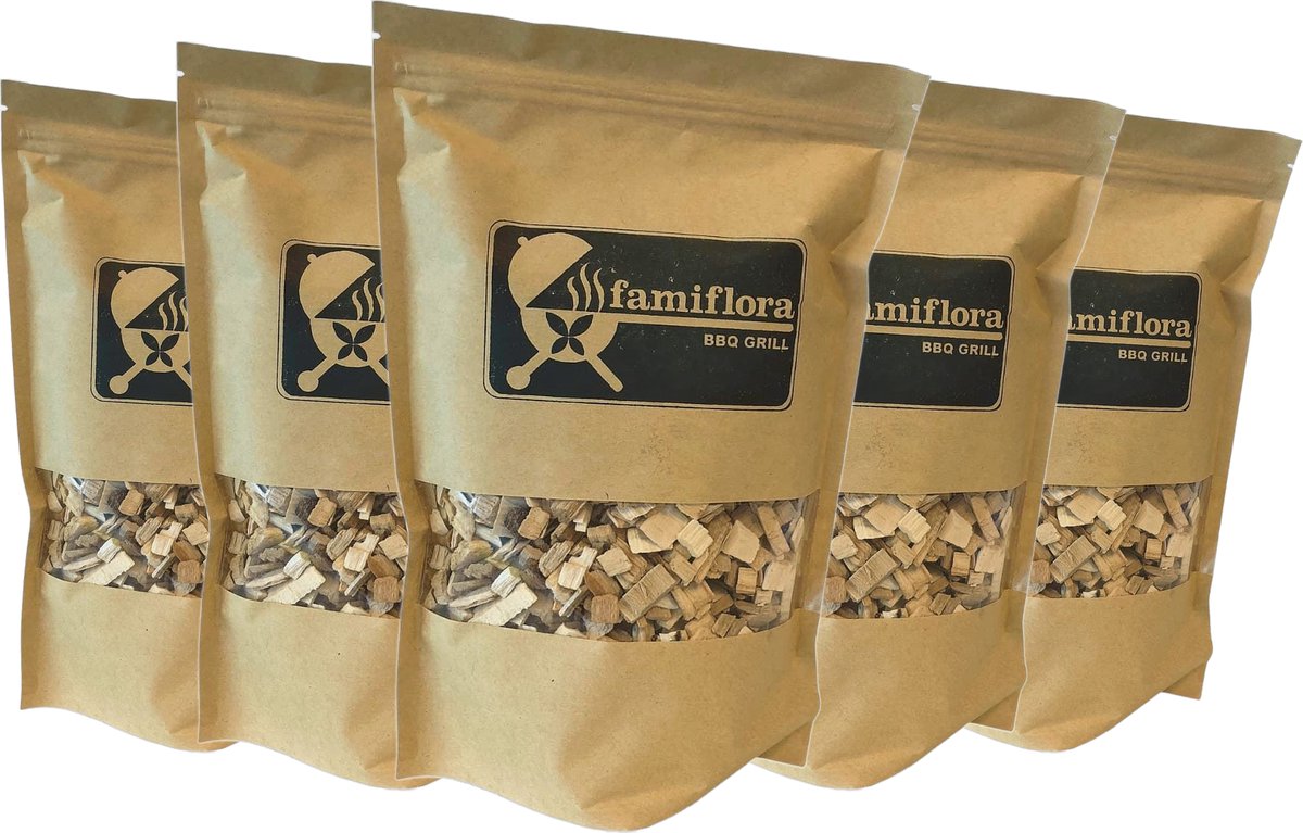 Famiflora BBQ Rooksnippers - Eikenhout - 8500ML (5 stuks á 1700ML) - Ideaal rookhout voor gevogelte, varkensvlees en rundsvlees met een pittige rooksmaak!
