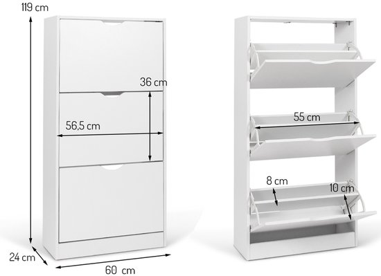 Witte schoenenkast met 3 niveaus, 60x24x119 cm. De kast heeft klepdeuren en is 119 cm hoog.