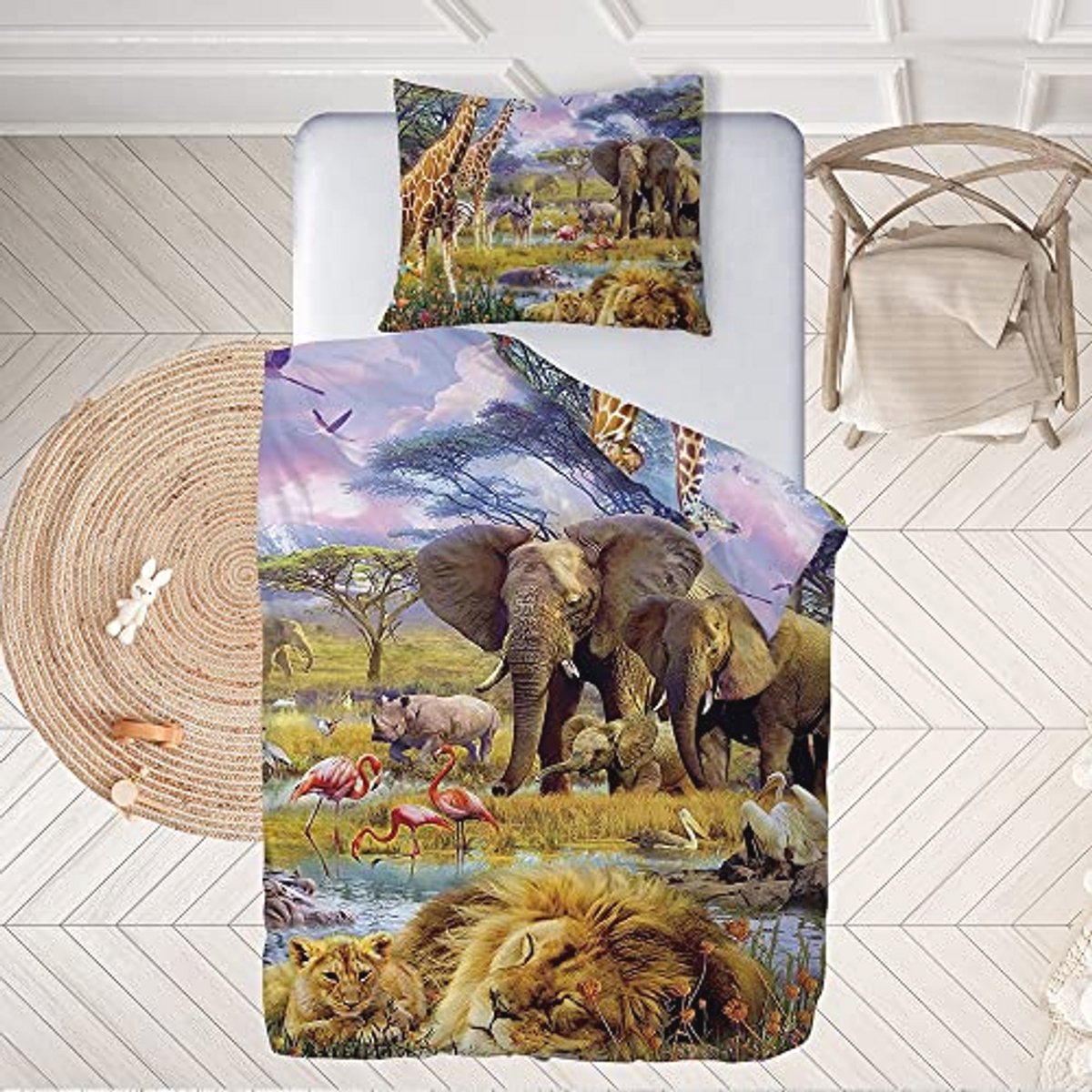 Duvet Cover Safari Animals – Green and Beige Bed Linen for Children – 140 x 200 cm