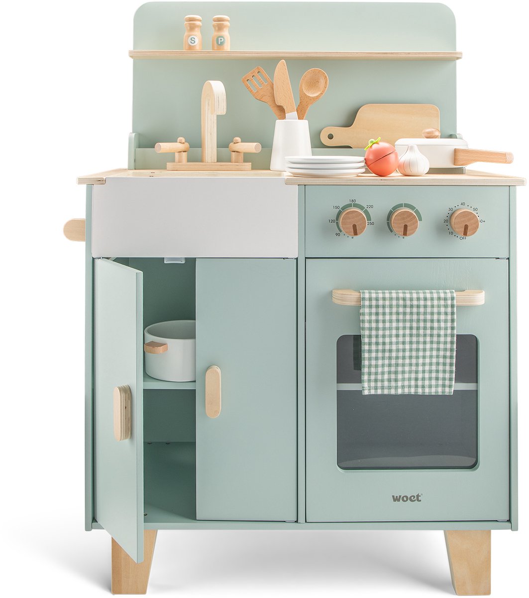 Woet® Houten Speelgoed Kinderkeuken Mint Groen - Speelkeukentje met Pannen, Servies, Groente en Snijplank - Houten Speelkeuken - Werkbladhoogte 55 cm - Rollenspel - Vanaf 3 Jaar — afbeelding 5