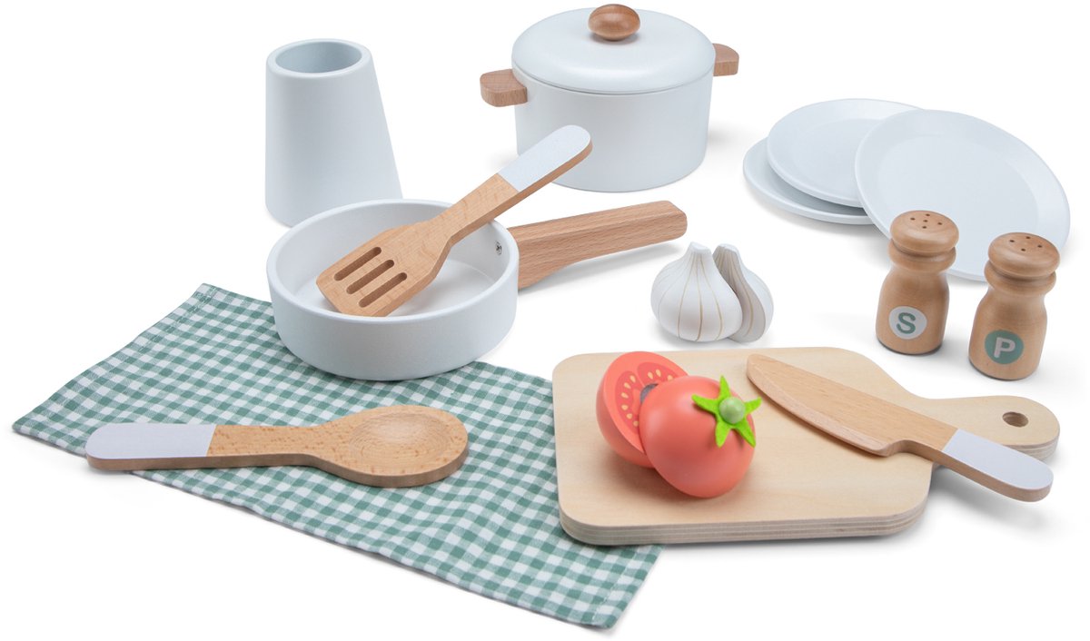 Woet® Houten Speelgoed Kinderkeuken Mint Groen - Speelkeukentje met Pannen, Servies, Groente en Snijplank - Houten Speelkeuken - Werkbladhoogte 55 cm - Rollenspel - Vanaf 3 Jaar — afbeelding 8