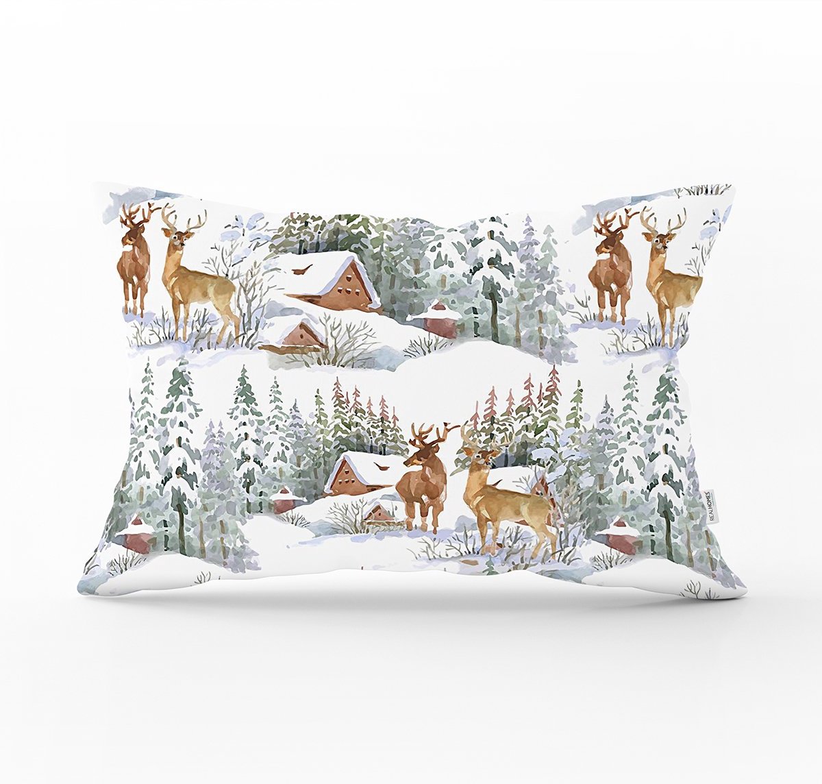 De Groen Home Sierkussen - 30x50 cm - Rendieren & Berghuisje - Kerst - Met velvet hoesje - Fluweel - Aan beide zijdig bedrukt Wit