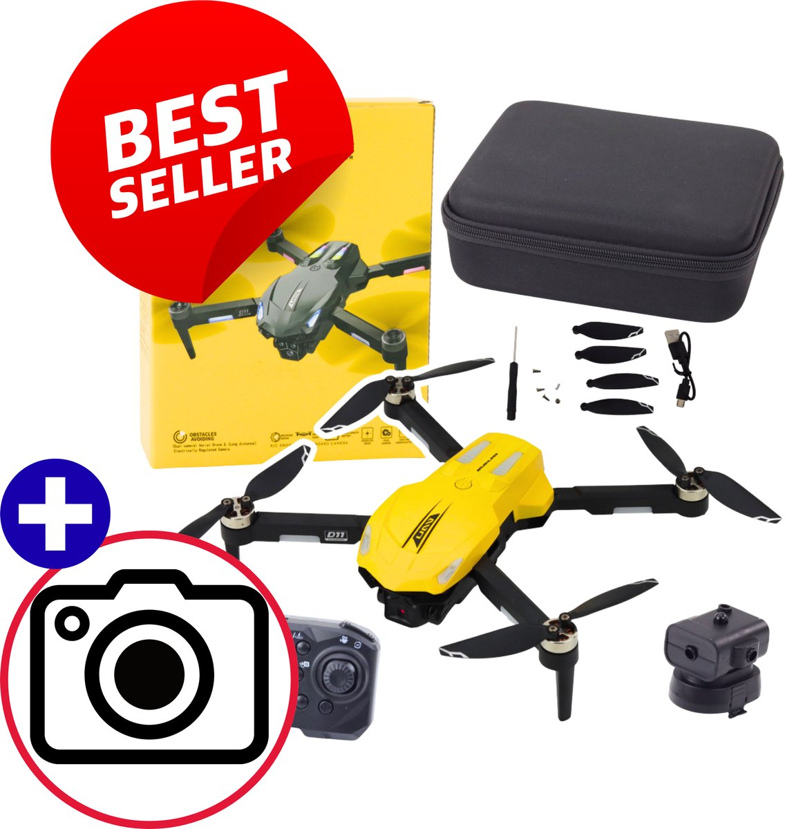 AeroX D11 Drone Geel Met Dual HD WiFi Camera, Gesture Control, 360° Rotatie, Obstakel Detectie, Optical Hover, Headless Mode, App Besturing, LED Lights, Return Home Functie – Stabiele & Slimme Quadcopter Voor Binnen & Buiten Met Cadeau