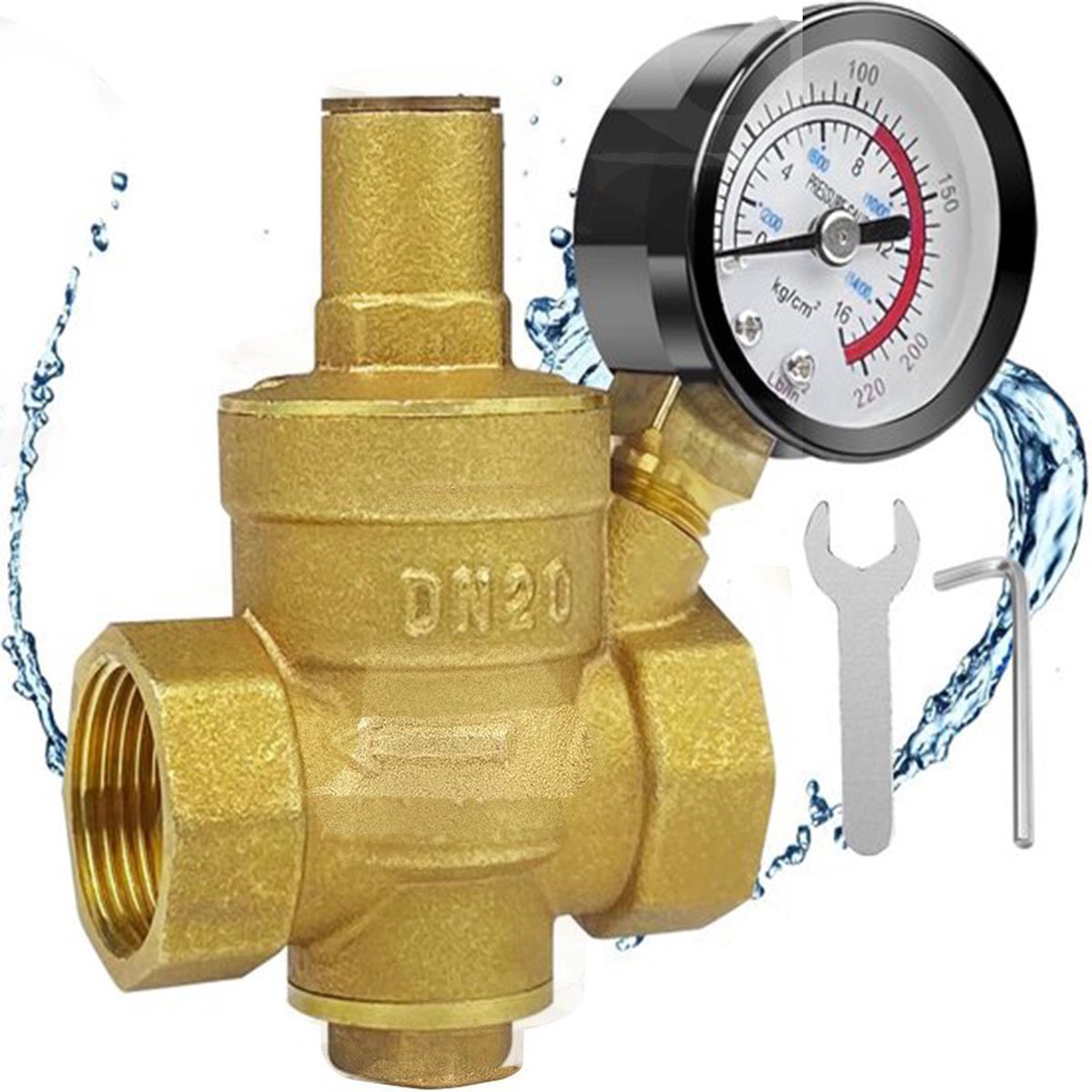 Gsedaox-DN20 messing waterdrukregelaar-Waterdrukreductieventiel-Verstelbaar-Met manometer-Waterdrukregelaar met drukmeter-Metalen drukregelaar