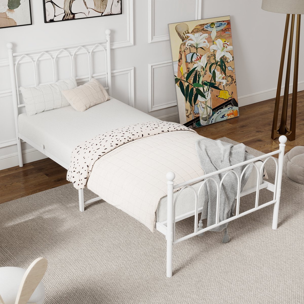 OKWISH Eenpersoonsbedden - 90×200 Bedframes Met Metalen Bedframe - Industrieel Ontwerp - Stevig En Wit