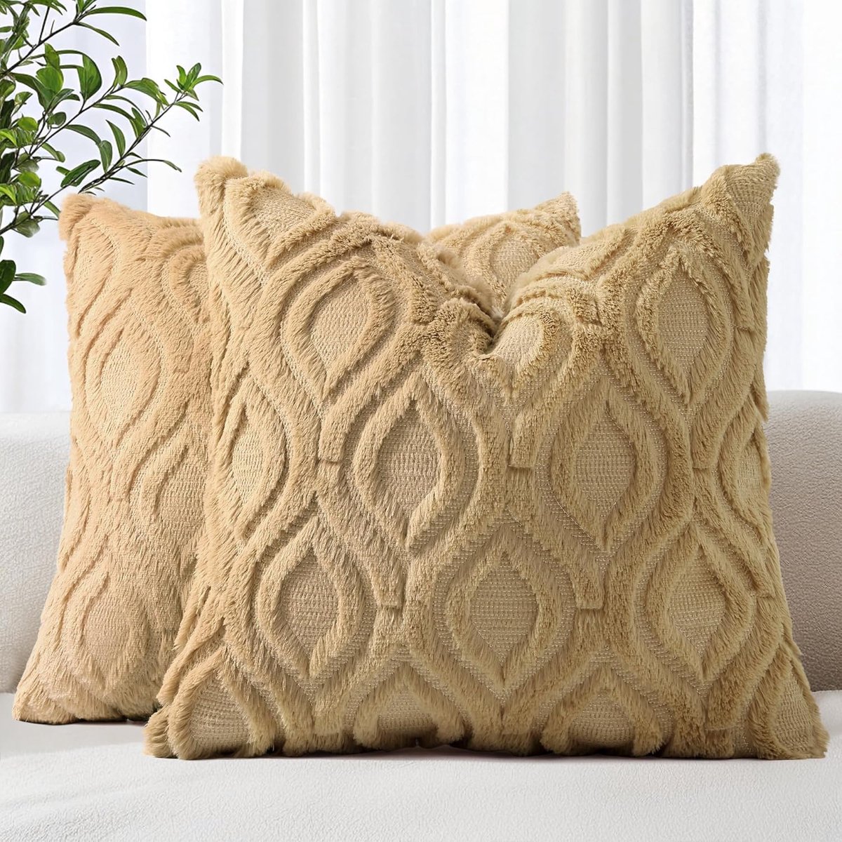 Famanu Set van 2 kussenslopen uit kunstbont, 50 x 50 cm, decoratieve, zachte pluche pluizige fluwelen kussenhoes 50 x 50 cm, vierkant, boho, neutrale kussensloop voor bank, taupe
