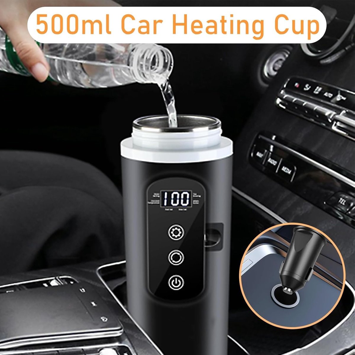 Auto waterkoker - Reis waterkoker - 500 ml - 12V/24V aansluiting- Roestvrij - Met beeldscherm - Instelbare temperatuur - Automatische uitschakeling - Lekpreventie - Temperatuurweergave - Geschikt voor kleine auto's - Zwart — afbeelding 5
