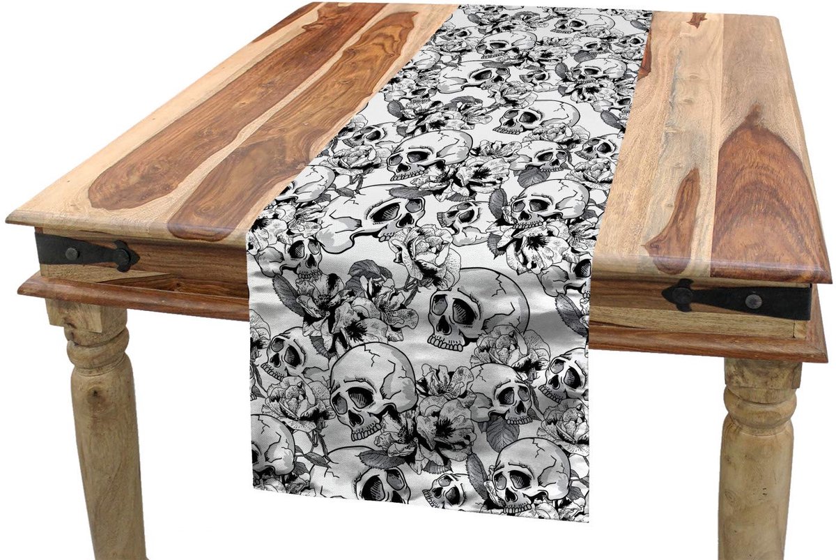 ABAKUHAUS Feesttafelloper – schedelschets – 40x225 cm – zwart-wit
