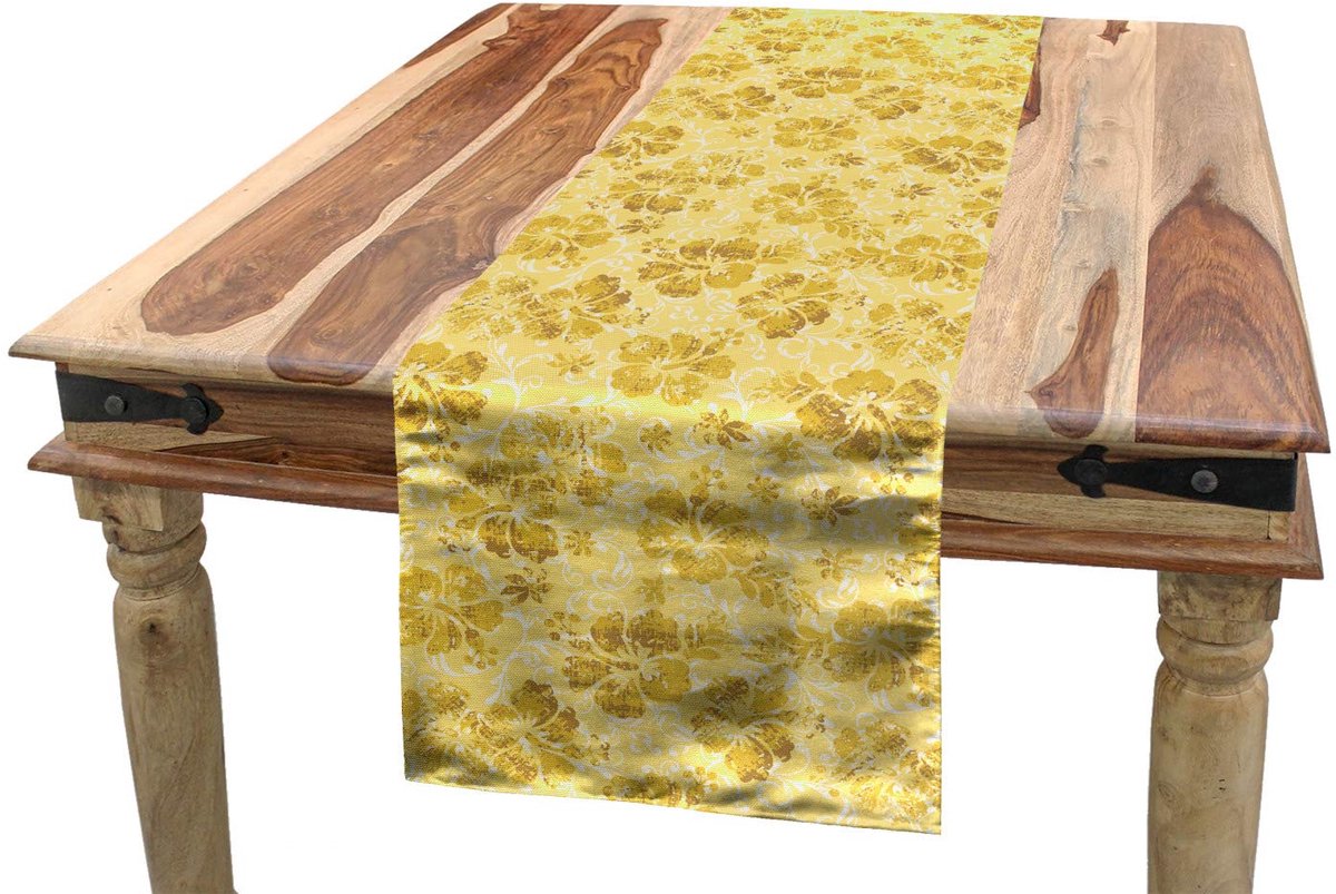 ABAKUHAUS Hawaii – tafelloper – Geel/Wit – Hibiscusbloemen, 40x300 cm