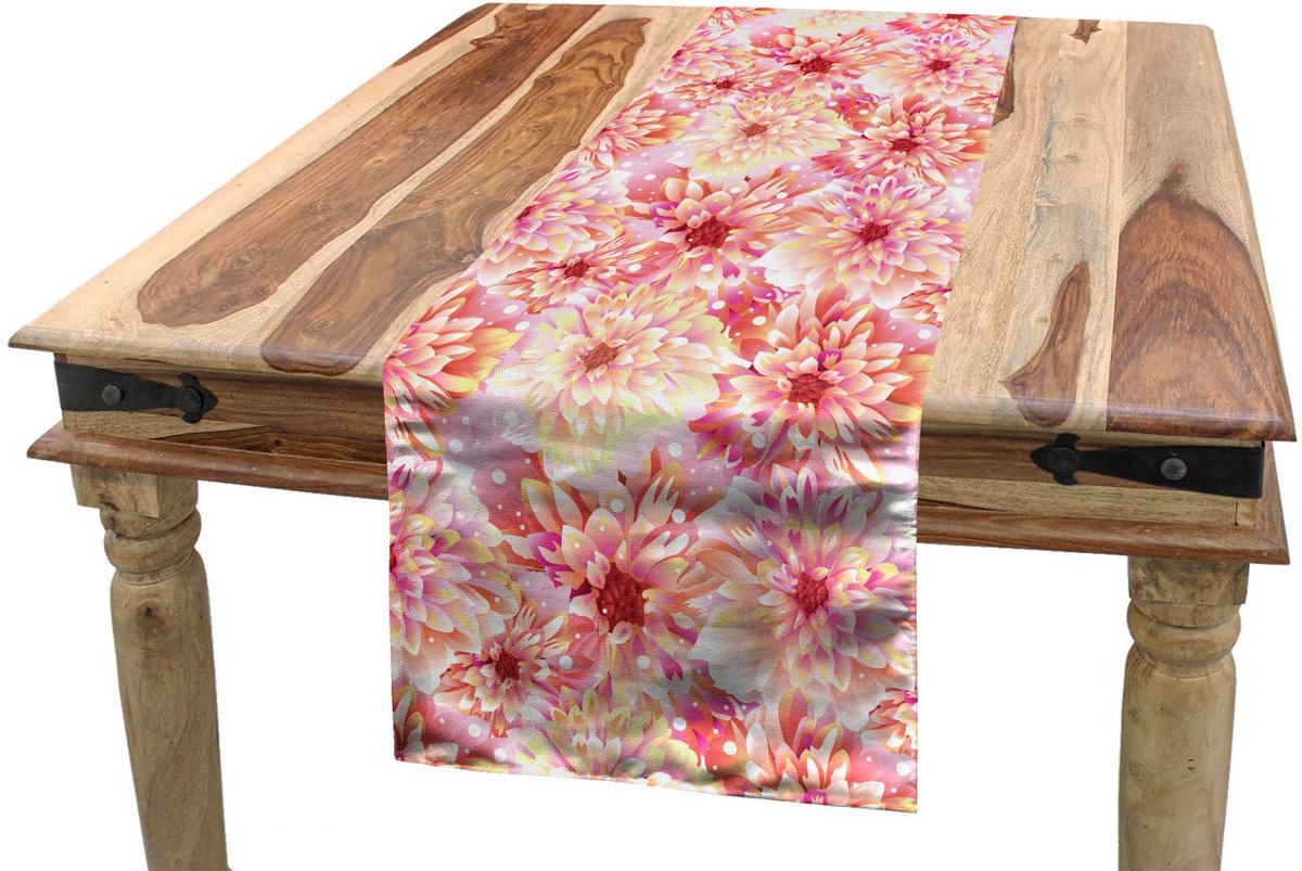 ABAKUHAUS roze tafelloper – dahlia's, 40×180 cm, polyester